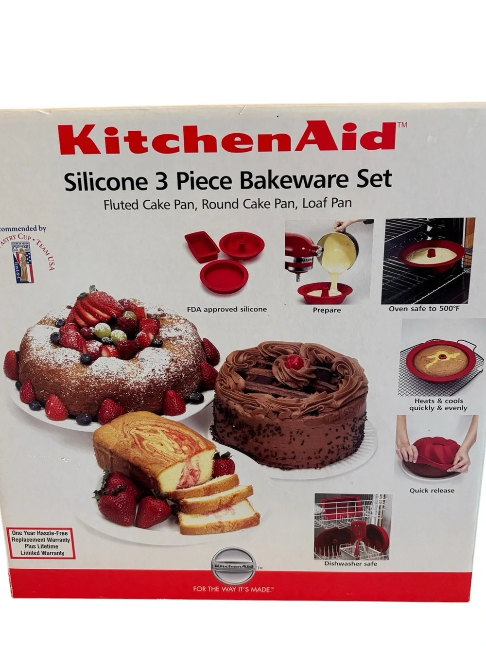 Kitchenaid 3 Piece Bakeware Set Bundt Cake Fluted Round Pan Loaf Pan Silicone